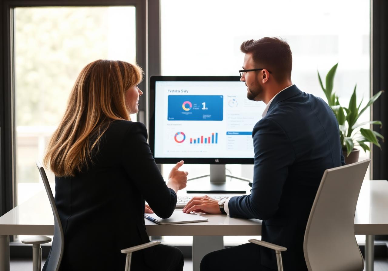 Business meeting reviewing a dashboard